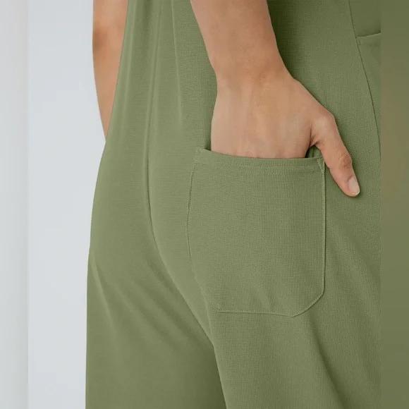 Halara Adjustable Strap Button Multiple Pockets Waffle Casual Overalls Green - Picture 7 of 10